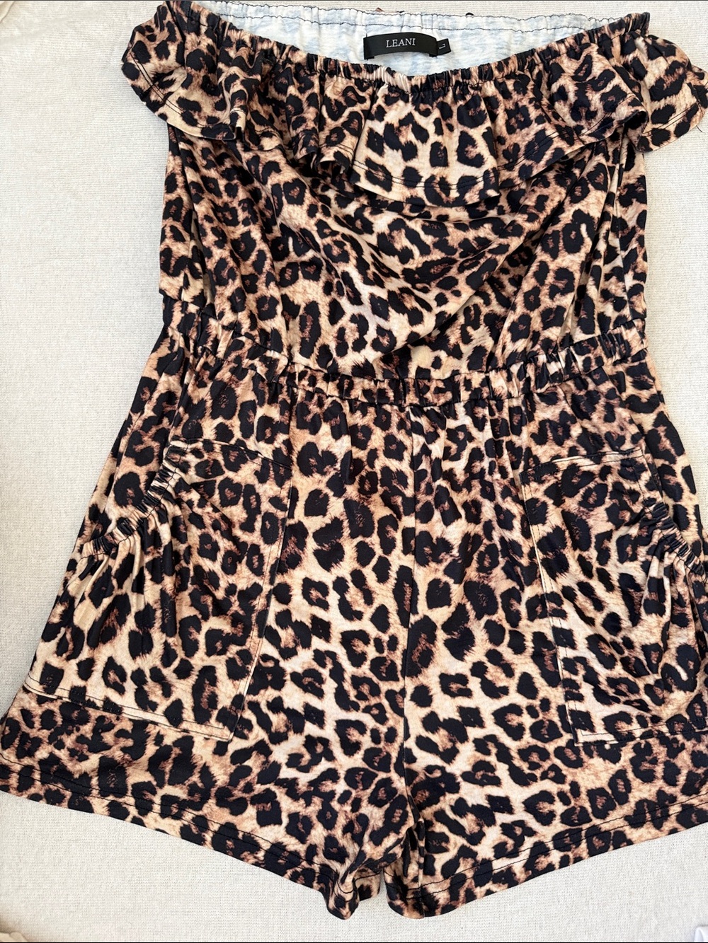 LEANI Leopard Print Off Shoulder Ruffle Romper Size Large